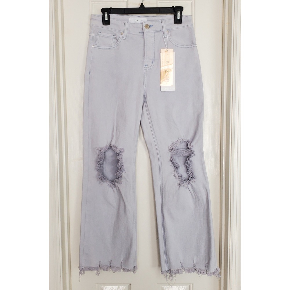 Risen Jeans Straight Leg Ice Blue‎ High Rise Distressed Raw Hem RDP5265-N 7/28